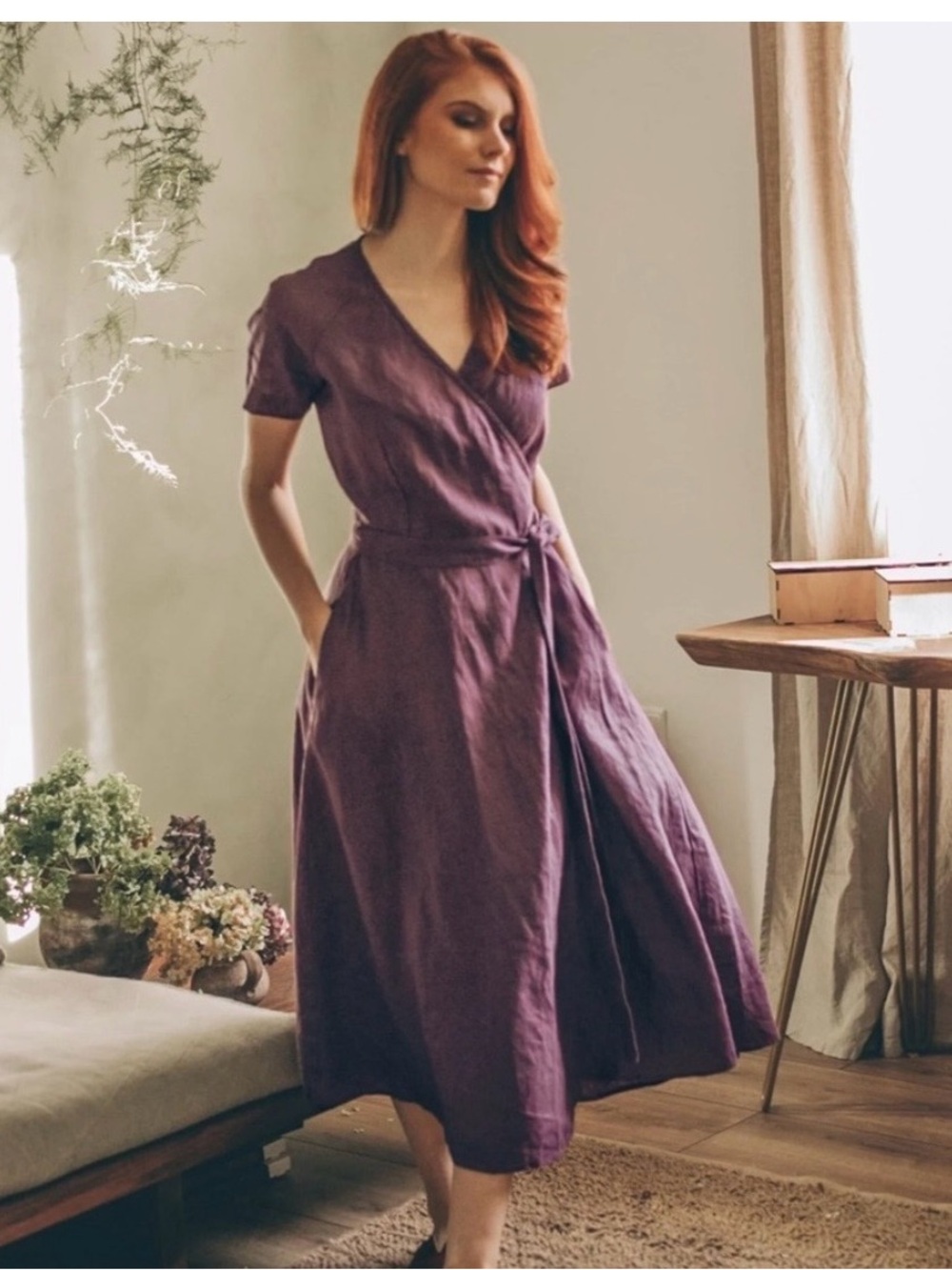 100% Linen Women’s Purple Wrap-Style Midi Dress